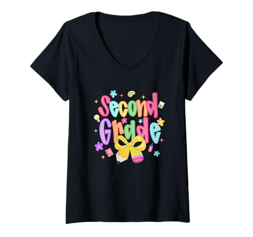 Damen Funny Back to School Vibes Second Grade Kids Teacher T-Shirt mit V-Ausschnitt von Cool Vibes Back to School Outfit Collection