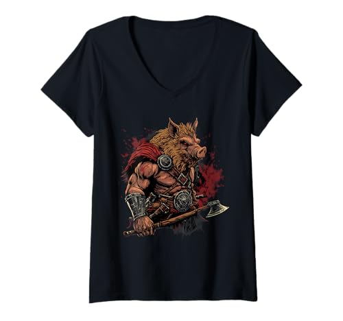 Damen Wikingerschwein Valhalla Northman nordische Mythologie T-Shirt mit V-Ausschnitt Damen Wikingerschwein Valhalla Northman nordische Mythologie T-Shirt mit V-Ausschnitt von Cool Viking Nordic Warrior Designs