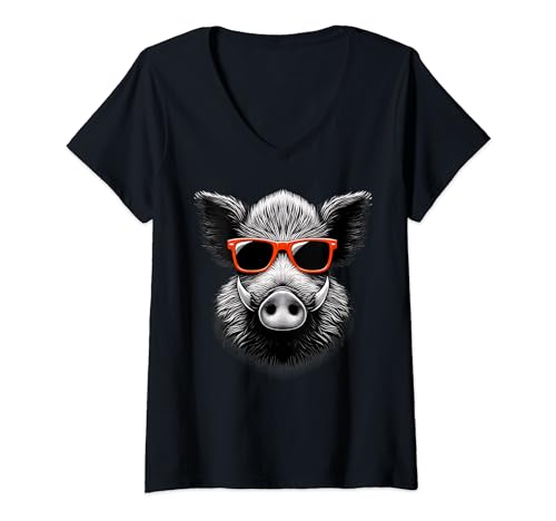 Damen Cooles Wildschwein trägt Sonnenbrille Grafikkunst T-Shirt mit V-Ausschnitt von Cool Wild Boar Love Graphic Art Store