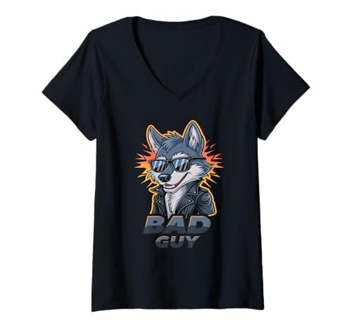 Damen Bad Guy Wolf Cool Sonnenbrille Attitude T-Shirt mit V-Ausschnitt Damen Bad Guy Wolf Cool Sonnenbrille Attitude T-Shirt mit V-Ausschnitt von Cool Wolf Sunglasses Leather Jacket Vibe