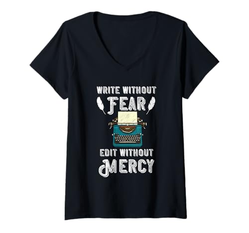 Damen Schreibmaschine Schreiben ohne Angst Buchliebhaber Leseschreiber T-Shirt mit V-Ausschnitt Damen Schreibmaschine Schreiben ohne Angst Buchliebhaber Leseschreiber T-Shirt mit V-Ausschnitt von Cool Writing Novels Writer Typewriter