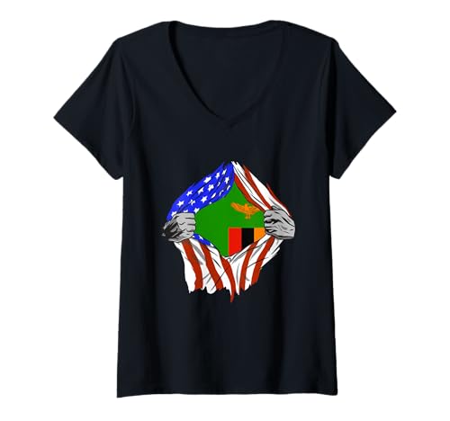Damen Sambia Chest USA America Sambian Flag Sambian Pride T-Shirt mit V-Ausschnitt Damen Sambia Chest USA America Sambian Flag Sambian Pride T-Shirt mit V-Ausschnitt von Cool Zambian Roots Zambia