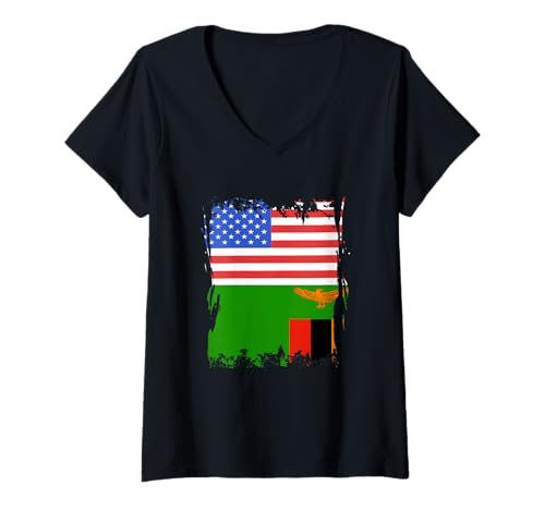 Damen Sambia USA Amerika Vintage Sambian Flag Sambian Roots T-Shirt mit V-Ausschnitt Damen Sambia USA Amerika Vintage Sambian Flag Sambian Roots T-Shirt mit V-Ausschnitt von Cool Zambian Roots Zambia
