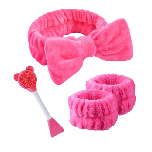 Elastisches Make-up-Stirnband in Rosa, Fuchsia und Lila (Haarband und Armbänder Fuchsia + 2-in-1-Gesichtsbürste, groß) von Cool&Cute
