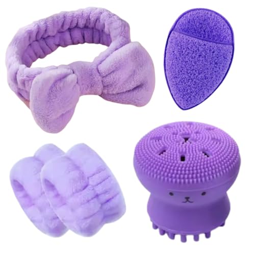 Elastisches Make-up-Stirnband in Rosa, Fuchsia und Lila (lila Kopfband und Armbänder + Schwamm + Gesichtsreinigungsbürste, groß) von Cool&Cute