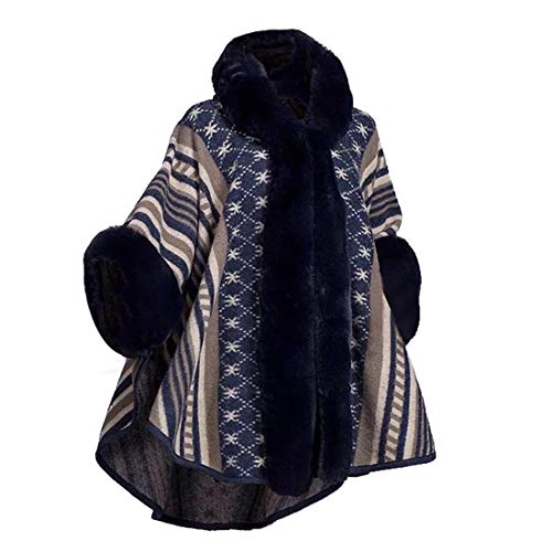 Cool&D Damen Poncho Cape Strickjacken Kapuzencape Winter Umhang Kunstpelz Stolen mit Kunstfell Kragen(Navy) von Cool&D