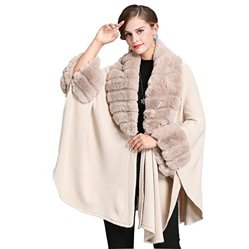 Cool&D Damen Poncho Cape Strickjacken Winter Umhang Kunstpelz Stolen mit Kunstfell Kragen (One Size, Beige mit Kunstpelz Bündchen) von Cool&D