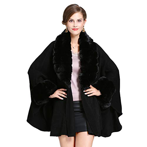 Cool&D Damen Poncho Cape Strickjacken Winter Umhang Kunstpelz Stolen mit Kunstfell Kragen (One Size, Schwarz mit Kunstpelz Bündchen) von Cool&D