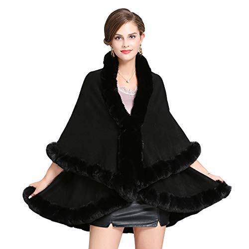 Cool&D Damen Poncho Cape Winter Umhang Strickjacken mit Kunstfell Kragen(Schwarz,Einheitsgröße) von Cool&D