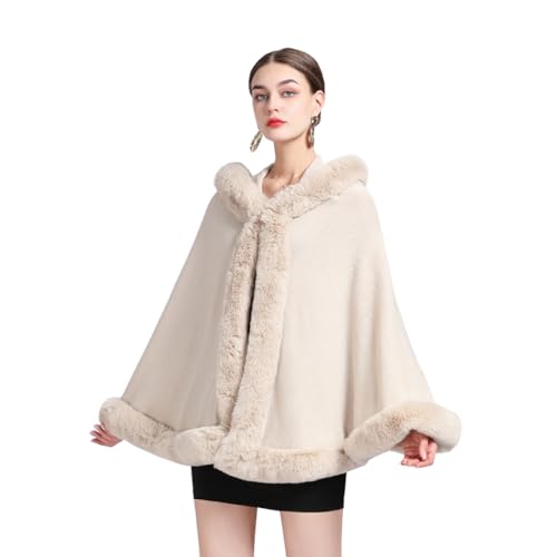 Cool&D Damen Poncho Cape Winter Umhang Strickjacken mit Kunstfell Kragen Kunstpelz Stolen(Beige) von Cool&D