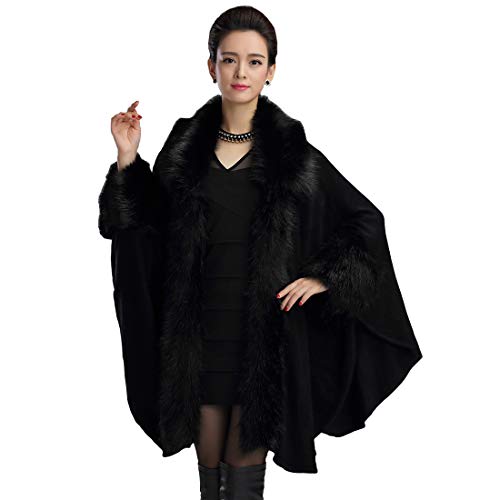 Cool&D Damen Poncho Cape Winter Umhang Strickjacken mit Kunstfell Kragen Kunstpelz Stolen(Schwarz) von Cool&D