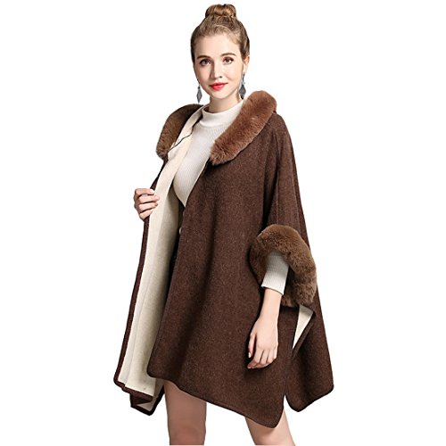 Cool&D Damen Poncho Cape Winter Umhang Strickjacken mit Kunstfell Kragen Kunstpelz Stolen (Coffee) von Cool&D