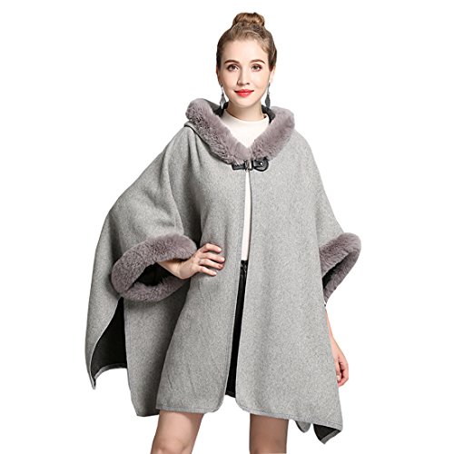 Cool&D Damen Poncho Cape Winter Umhang Strickjacken mit Kunstfell Kragen Kunstpelz Stolen (Grau) von Cool&D