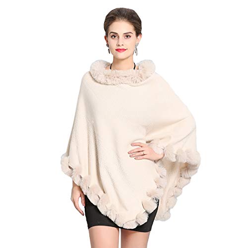 Cool&D Damen Poncho Cape Winter Umhang Strickjacken mit Kunstfell Kragen Kunstpelz Stolen(Beige) von Cool&D