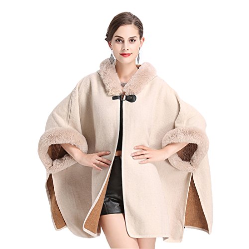 Cool&D Damen Poncho Cape Winter Umhang Tweed Jacken mit Kunstfell Kragen Kunstpelz Stolen Beige von Cool&D