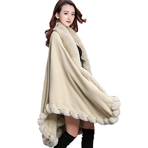 Cool&D Damen Poncho Cape Winter Umhang Strickjacken mit Kunstfell Kragen Kunstpelz Stolen Beige von Cool&D