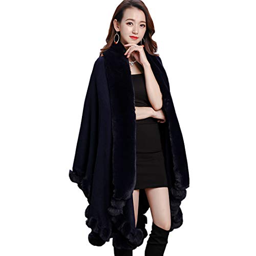 Cool&D Damen Poncho Cape Winter Umhang Strickjacken mit Kunstfell Kragen Kunstpelz Stolen Blau von Cool&D