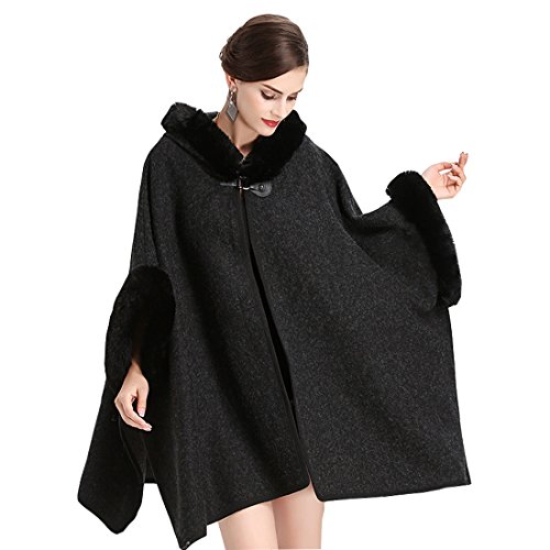 Cool&D Damen Poncho Cape Winter Umhang Tweed Jacken mit Kunstfell Kragen Kunstpelz Stolen von Cool&D