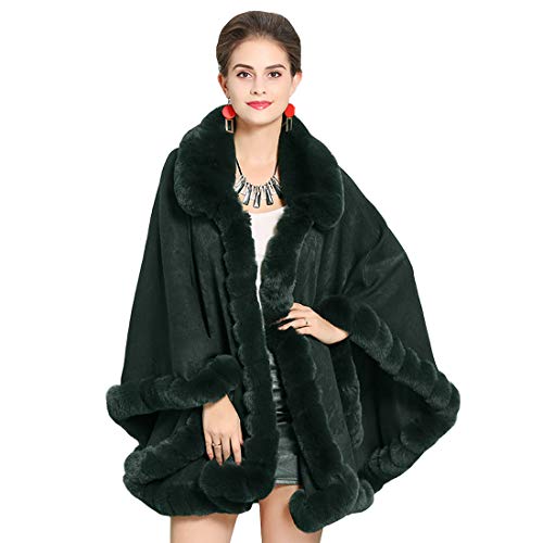 Cool&D Damen Poncho Cape Winter Umhang Strickjacken mit Kunstfell Kragen Kunstpelz Stolen(Dunkelgrün) von Cool&D