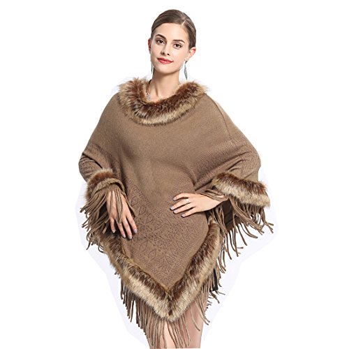 Cool&D Damen Poncho Cape Winter Umhang Strickjacken mit Kunstfell Kragen Kunstpelz Stolen von Cool&D