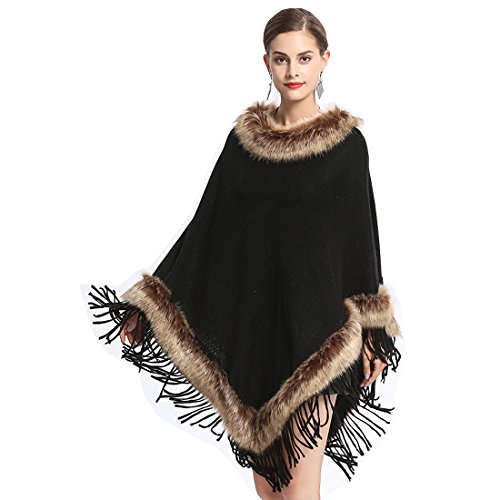 Cool&D Damen Poncho Cape Winter Umhang Strickjacken mit Kunstfell Kragen Kunstpelz Stolen(Schwarz) von Cool&D