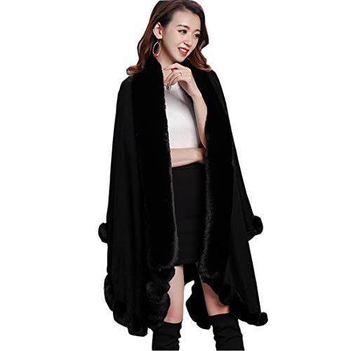 Cool&D Damen Poncho Cape Winter Umhang Strickjacken mit Kunstfell Kragen Kunstpelz Stolen Schwarz von Cool&D