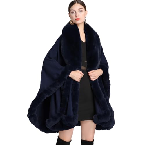 Cool&D Damen Poncho Cape Winter Umhang Strickjacken mit Kunstfell Kragen Navy von Cool&D