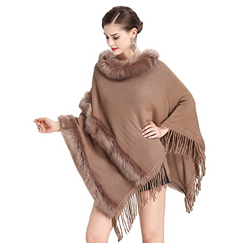 Cool&D Damen Poncho Cape Winter Umhang Strickjacken mit Kunstfell Kragen Quasten Kunstpelz Stolen von Cool&D