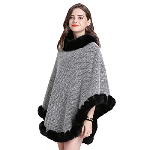 Cool&D Damen Poncho Cape Winter Umhang Strickjacken mit Kunstfell Kragen Stricktuch Beflockung Futter(Hellgrau) von Cool&D