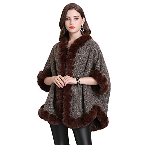 Cool&D Damen Poncho Cape Winter Umhang Strickjacken mit Kunstfell Kragen Stricktuch Beflockung Futter von Cool&D