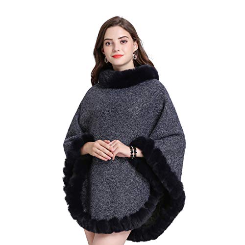 Cool&D Damen Poncho Cape Winter Umhang Strickjacken mit Kunstfell Kragen Stricktuch Beflockung Futter von Cool&D