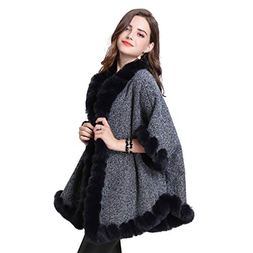 Cool&D Damen Poncho Cape Winter Umhang Strickjacken mit Kunstfell Kragen Stricktuch Beflockung Futter von Cool&D