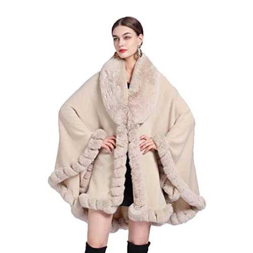 Cool&D Damen Poncho Cape Winter Umhang Strickjacken mit Kunstfell Kragen,Beige von Cool&D