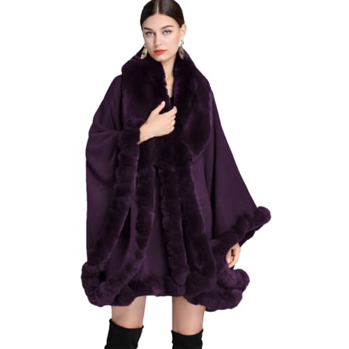 Cool&D Damen Poncho Cape Winter Umhang Strickjacken mit Kunstfell Kragen Lila von Cool&D