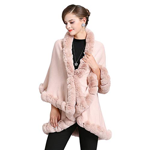 Cool&D Damen Poncho Cape Winter Umhang Strickjacken mit Kunstfell Kragen(Rosa) von Cool&D