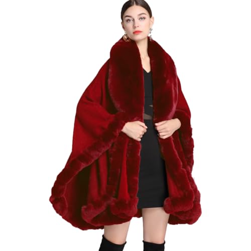 Cool&D Damen Poncho Cape Winter Umhang Strickjacken mit Kunstfell Kragen Rot von Cool&D