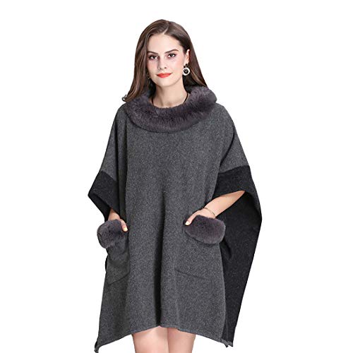 Cool&D Damen Poncho Cape Winter Umhang Tweed Jacke mit Kunstfell Kragen von Cool&D