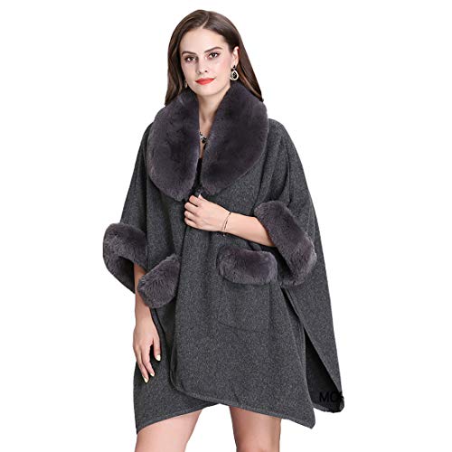 Cool&D Damen Poncho Cape Winter Umhang Tweed Jacke mit Kunstfell Kragen von Cool&D