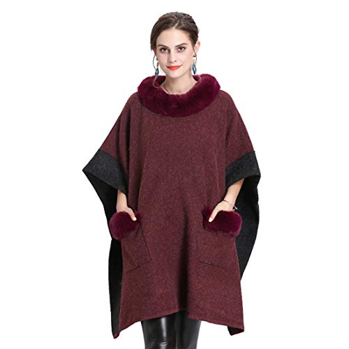 Cool&D Damen Poncho Cape Winter Umhang Tweed Jacke mit Kunstfell Kragen von Cool&D