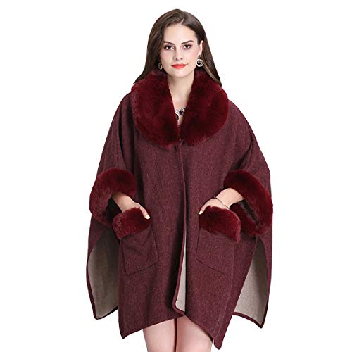 Cool&D Damen Poncho Cape Winter Umhang Tweed Jacken mit Groß Kunstfell Kragen von Cool&D