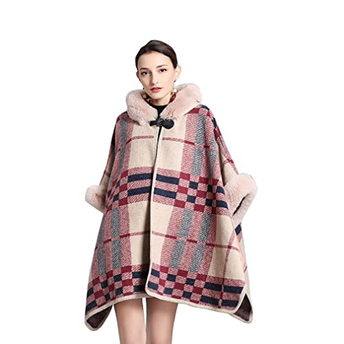 Cool&D Damen Poncho Cape Winter Umhang Tweed Jacken mit Kunstfell Kragen Kunstpelz Stolen (Gitter Beige), Einheitsgröße Große Größen von Cool&D