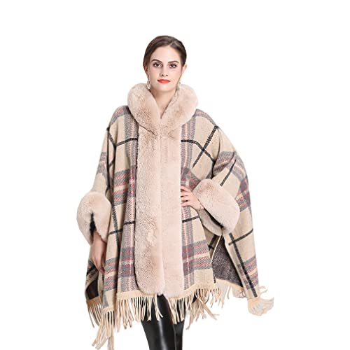 Cool&D Damen Poncho Cape Winter Umhang Tweed Jacken mit Kunstfell Kragen und Quaste von Cool&D