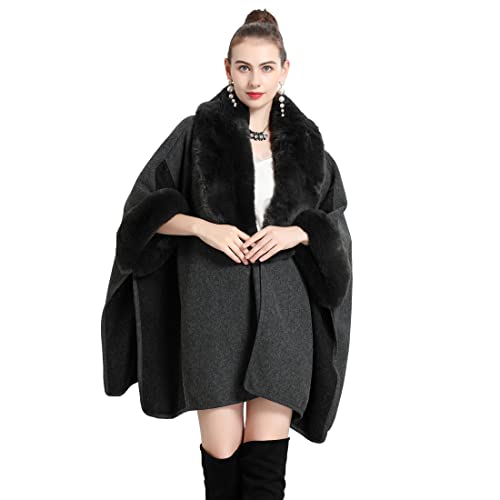 Cool&D Damen Poncho Cape Winter Umhang Tweed Jacken mit Kunstfell Kragen von Cool&D