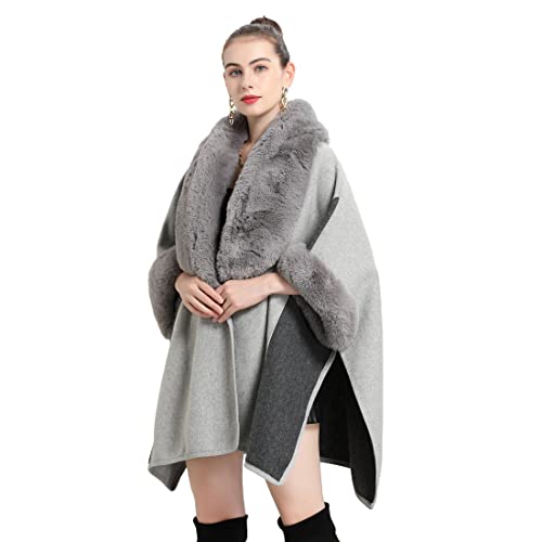 Cool&D Damen Poncho Cape Winter Umhang Tweed Jacken mit Kunstfell Kragen von Cool&D