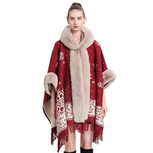 Cool&D Damen Poncho Weihnachtskleidung Cape Winter Umhang Tweed Jacken Plüschfutter mit Kunstfell Kragen und Quaste von Cool&D