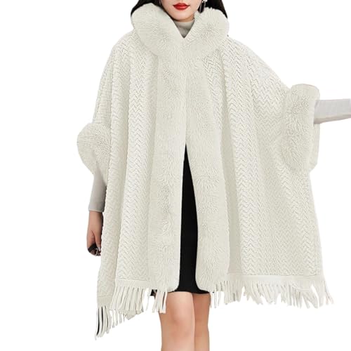 Cool&D Damen Poncho Winter Cape Strickjacke Winterponchos Plüschfutter mit Kunstfell Kragen und Quaste von Cool&D