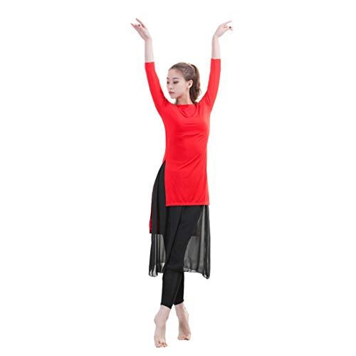 Cool&D Tanzkleid Tanz Kleid Training Kleidung Langarm Elastisch Tops Kleidung Tanzkleidung Kostüm(Rot,EU40(Etikett 2XL) von Cool&D
