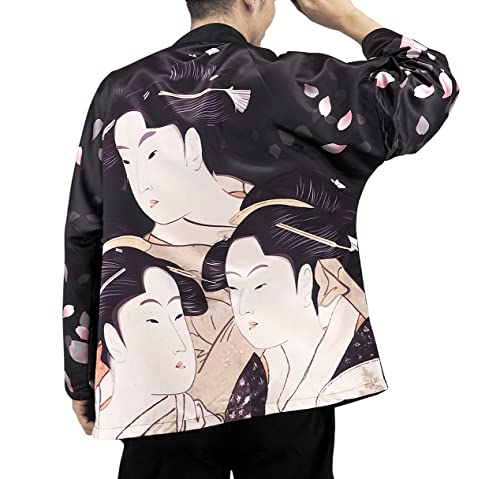 CoolChange Kimono Jacke mit japanischem Geisha Motiv | traditioneller Japan Haori Umhang | mit asiatischem Motiv | Schwarz | Größe: L/XL von CoolChange