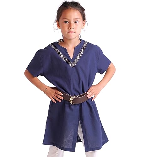 CoolChange Kinder Tunika für Vikinger oder Piraten Kostüm | Kinder Hemd mit Ornamentkragen | Kurzarm | Inkl. Gürtel | Blau | Größe: 128 von CoolChange