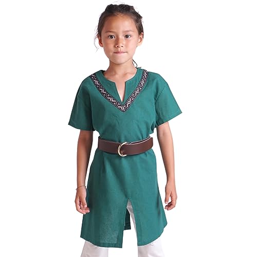 CoolChange Kinder Tunika für Vikinger oder Piraten Kostüm | Kinder Hemd mit Ornamentkragen | Kurzarm | Inkl. Gürtel | Grün | Größe: 128 von CoolChange